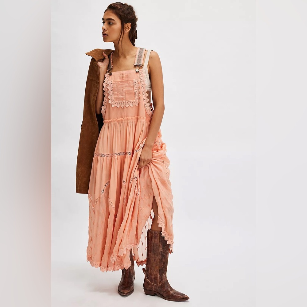 NWOT Free People Trails End Skirtall Embroidered Bib Overall Lace Midi Peach S
